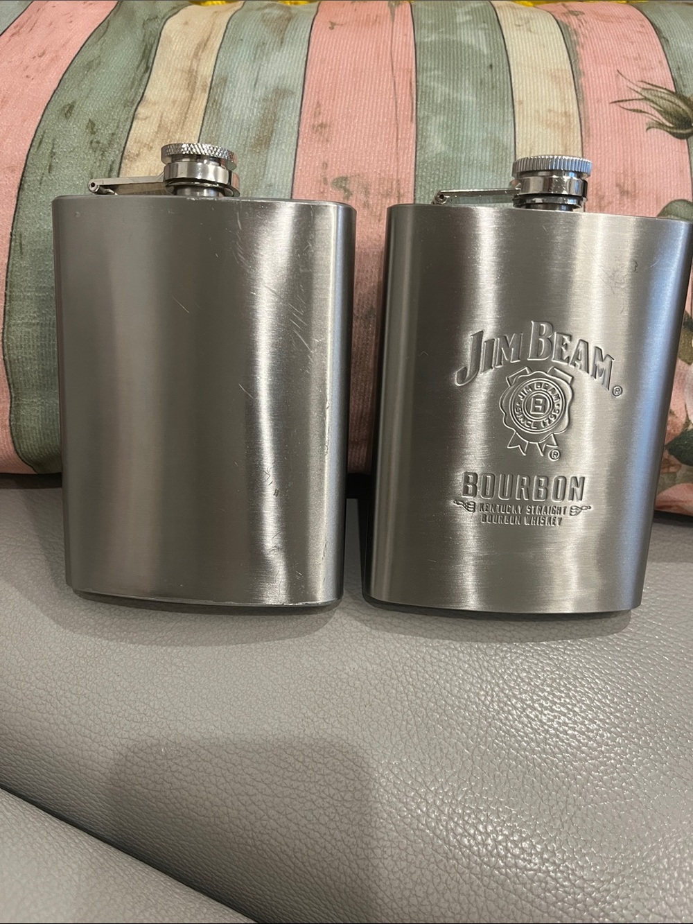 Bar ware 2 Hip Flasks One branded Jim Beam Bourbon Stainless Steel -